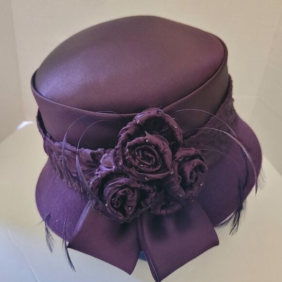SOMETHING Special Brim Flower Beaded Hat purple wool felt Cloche Dressy - Picture 6 of 9